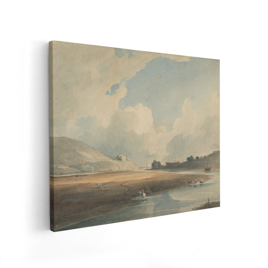 Artaza Canvas Schilderij Schilderachtige Waterverf van een Landschap met Kasteel en Scheepswerf - 100x80 cm - Wanddecoratie Woonkamer - Schilderijen - Muurdecoratie afbeelding 1