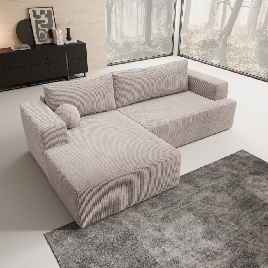 Meubella - Mavana - Hoekbank 2-zits - Ribstof beige - Links afbeelding 1
