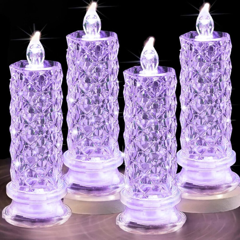 Sander Shop LED-kaarsen, 4-pack op batterijen werkende kaarsen met roze lichthalo, romantische vlamloze pijlerkaarsen voor Valentijnsdag Halloween-decoraties (paars, D 2,5 "x H 7,2") afbeelding 1