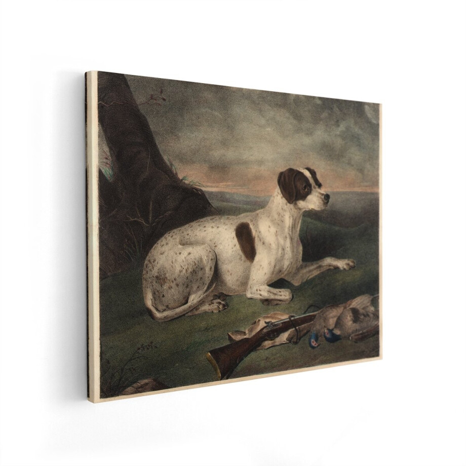 Artaza Canvas Schilderij Gevlekte Hond Wacht Geduldig Naast Jachtbuit en Geweer in Landschap - 50x40 cm - Wanddecoratie Woonkamer - Schilderijen - Muurdecoratie afbeelding 1