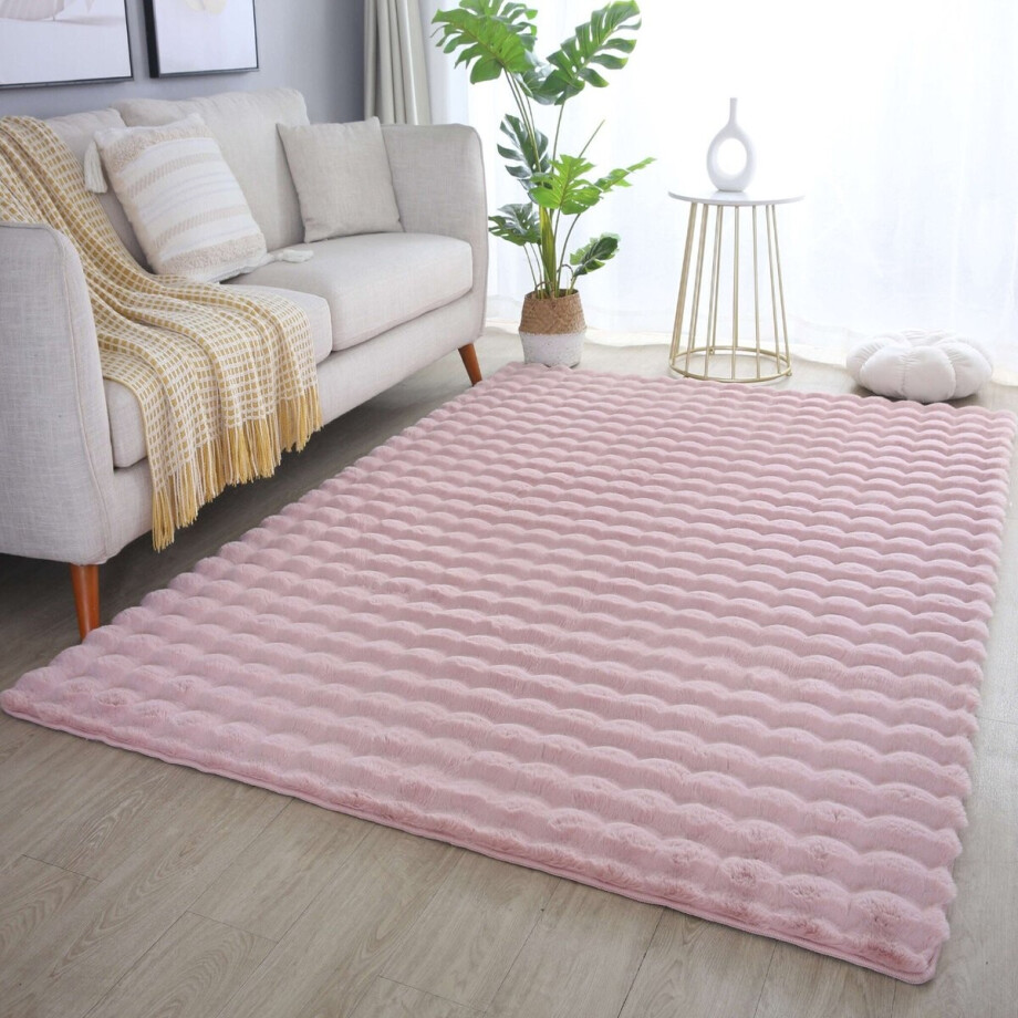 Flycarpets Felicia Hoogpolig Fluffy 3D Design Vloerkleed - Roze - 80x250 cm afbeelding 1