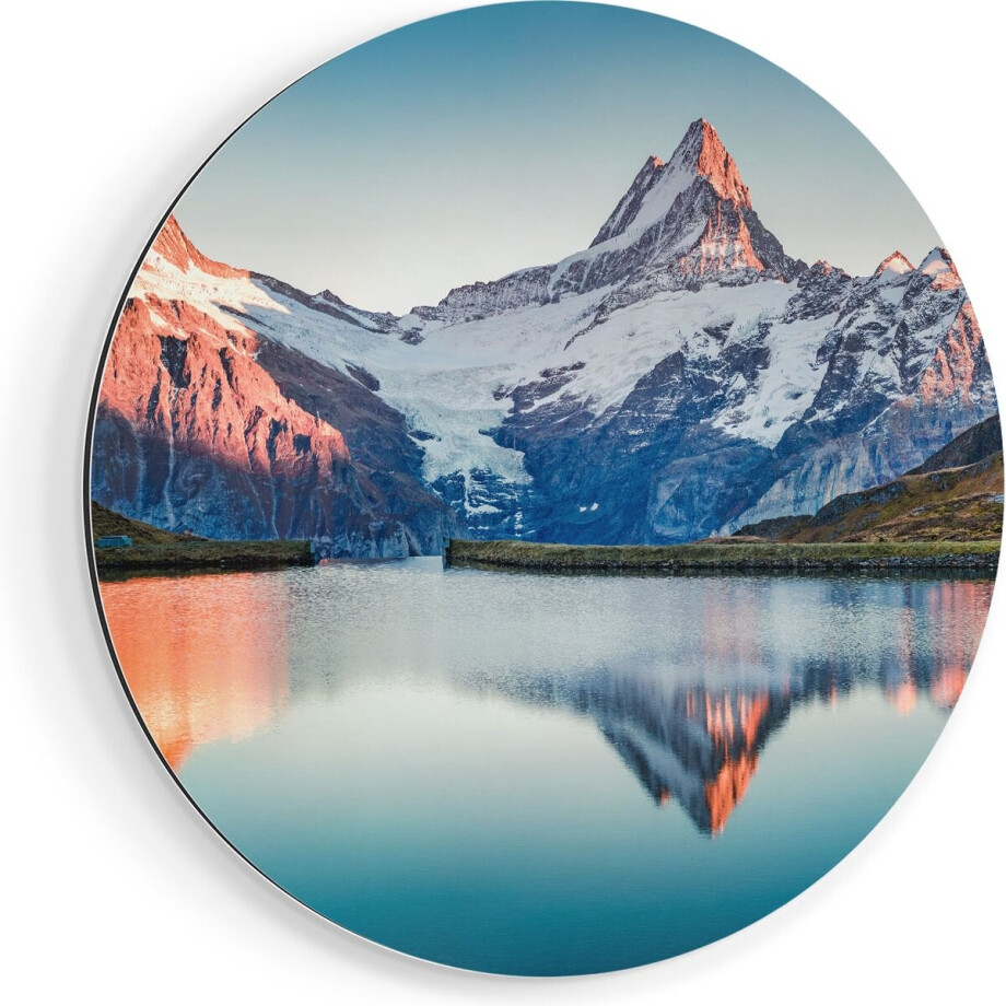 Artaza Dibond Muurcirkel Bergen Landschap Bij Het Meer - Ø 90 cm - Groot - Wandcirkel - Rond Schilderij - Voor Binnen en Buiten afbeelding 1