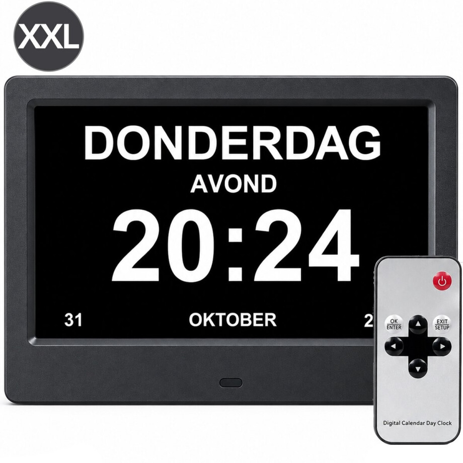 Brixy Dementieklok XXL - 24 Alarmfuncties - Incl. Afstandsbediening - Automatische Dimfunctie - Kalenderklok - Zwart afbeelding 1