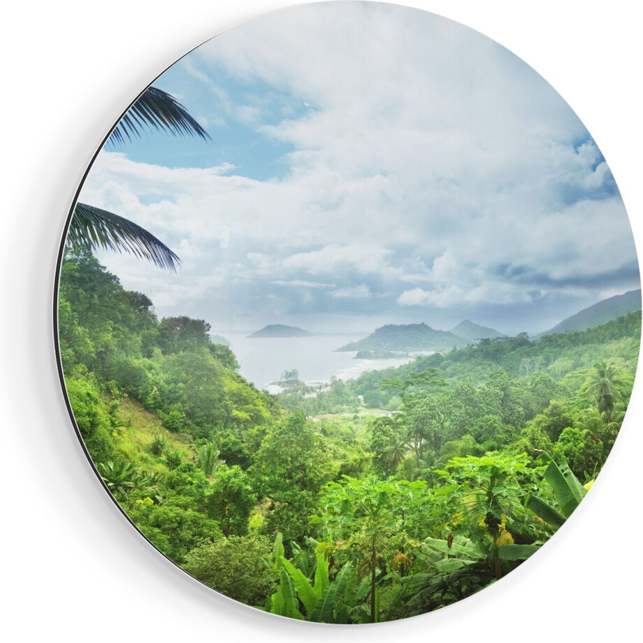 Artaza Dibond Muurcirkel Jungle Uitzicht Op De Seychellen - Ø 40 cm - Klein - Wandcirkel - Rond Schilderij - Voor Binnen en Buiten afbeelding 1