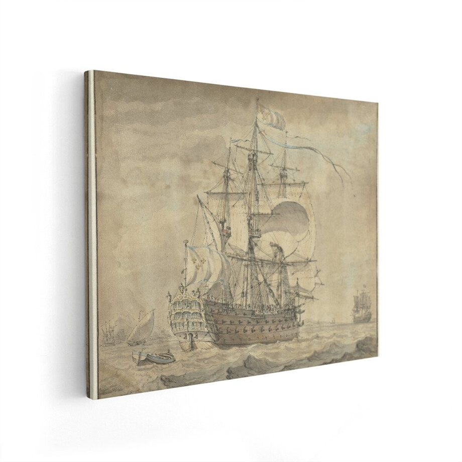 Artaza Canvas Schilderij Historisch Zeilschip met Franse Vlag Vaart op de Golven - 100x80 cm - Wanddecoratie Woonkamer - Schilderijen - Muurdecoratie afbeelding 1