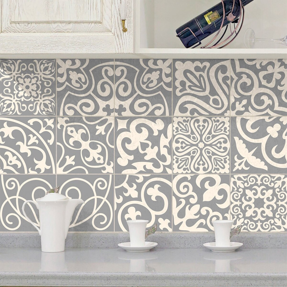 Zelfklevende tegelmuurstickers voor keuken en badkamer - 15 Azulejo tegelstickers in Palaos grijstinten - 15 stickers, 20x20cm Zelfklevende tegelmuurstickers voor keuken en badkamer - 15 Azulejo tegelstickers in Palaos grijstinten - 15 stickers, 20x20cm afbeelding 1