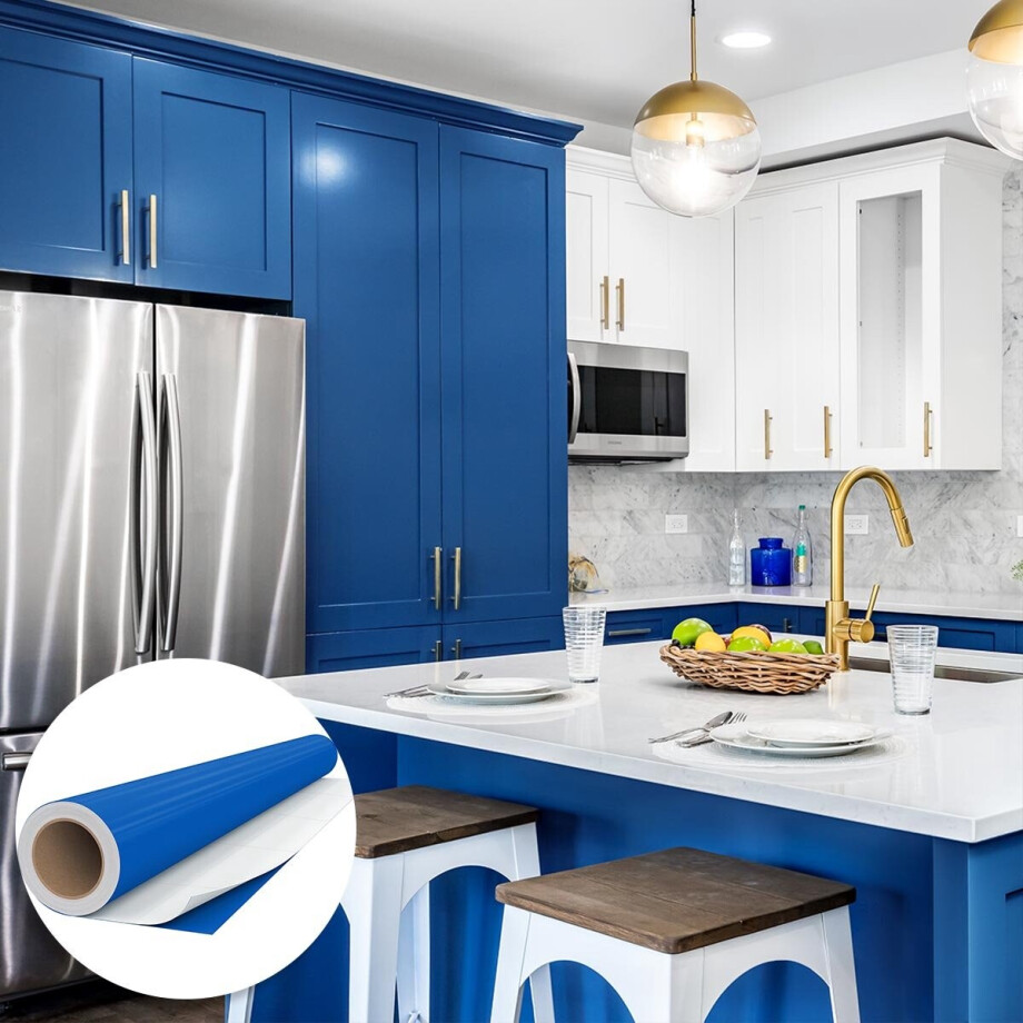 Waterdichte zelfklevende vinylfolie op rol per meter - Afwasbare sticker voor keuken, meubels, kasten, deuren - 60 cm x 9 m - Marineblauw afbeelding 1