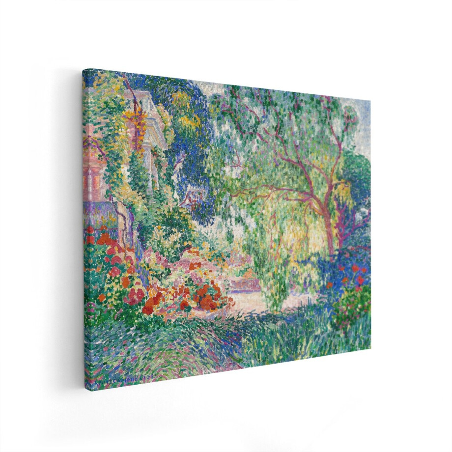 Artaza Canvas Schilderij Impressionistische Tuin met Bloeiende Rozen en een Treurwilg in de Zon - 100x80 cm - Wanddecoratie Woonkamer - Schilderijen - Muurdecoratie afbeelding 1