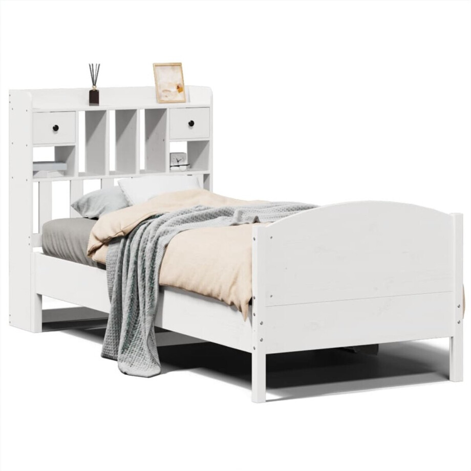 vidaXL - Bed - met - boekenkast - zonder - matras - grenenhout - wit - 90x200 - cm afbeelding 1