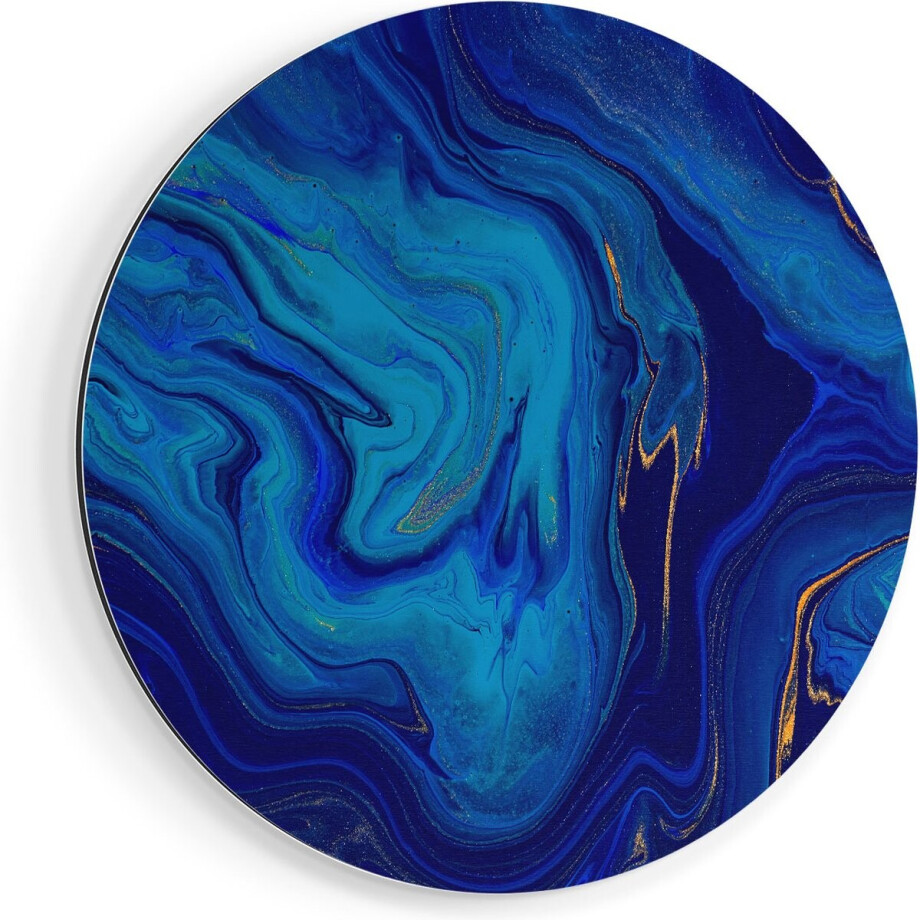Artaza Dibond Muurcirkel Abstracte Kunst - Blauw met Gouden Verf - Ø 90 cm - Groot - Wandcirkel - Rond Schilderij - Voor Binnen en Buiten afbeelding 1