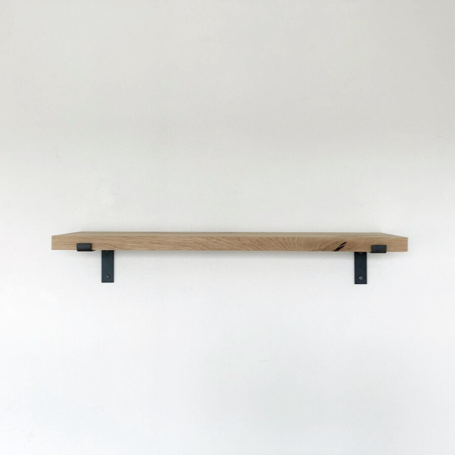 GoudmetHout Massief Eiken Wandplank - 100x25 cm - Industriële Plankdragers L-vorm - Staal - Mat Blank afbeelding 1