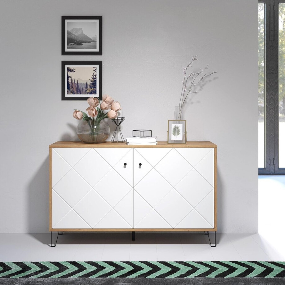 Dressoir met 2 Deuren en Planken 123x40x76 cm – Artisan Eiken/Wit Kast met Metalen Poten en Soft-Close – Moderne Woonkamerkast / Commode – Urbanhome Dressoir met 2 Deuren en Planken 123x40x76 cm – Artisan Eiken/Wit Kast met Metalen Poten en Soft-Close – Moderne Woonkamerkast / Commode – Urbanhome afbeelding 1