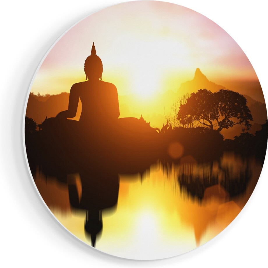 Artaza Forex Muurcirkel Silhouet Van Boeddha Beeld Met Zonsondergang - 80x80 cm - Groot - Wandcirkel - Rond Schilderij - Wanddecoratie Cirkel afbeelding 1