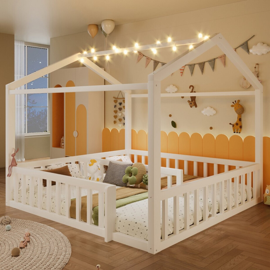 Kinderhuisbed 2-in-1 met Hekje 90x190cm*2 of 180x190cm - Wit Dennenhouten Huisbed met Dak en LED-Lampjes - Converteerbaar - Massief Grenenhout afbeelding 1