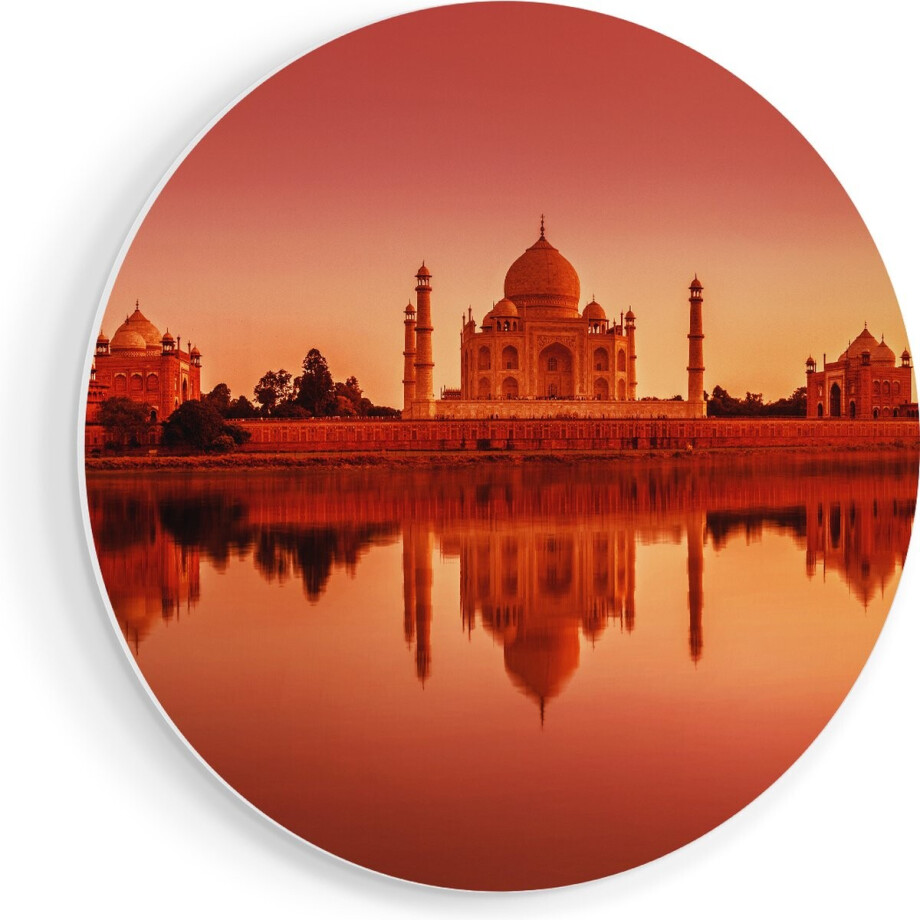 Artaza Forex Muurcirkel Taj Mahal bij Zonsondergang - 90x90 cm - Groot - Wandcirkel - Rond Schilderij - Muurdecoratie Cirkel afbeelding 1