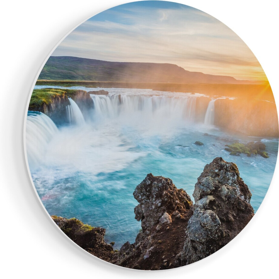 Artaza Forex Muurcirkel Watervallen Bij Zonsondergang - 90x90 cm - Groot - Wandcirkel - Rond Schilderij - Muurdecoratie Cirkel afbeelding 1