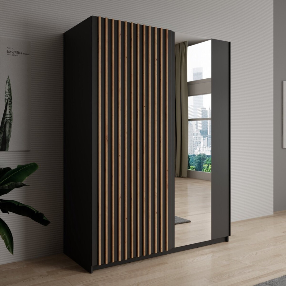 Meubella - Kledingkast Deliryon - Zwart - 150 cm - Met spiegel Meubella - Kledingkast Deliryon - Zwart - 150 cm - Met spiegel afbeelding 1