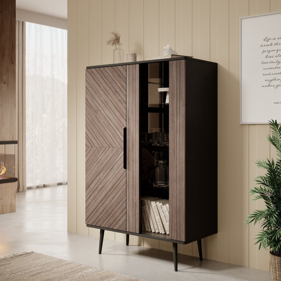 Meubella - Vitrinekast Pedro - Donker eiken - Zwart eiken - 90 cm afbeelding 1
