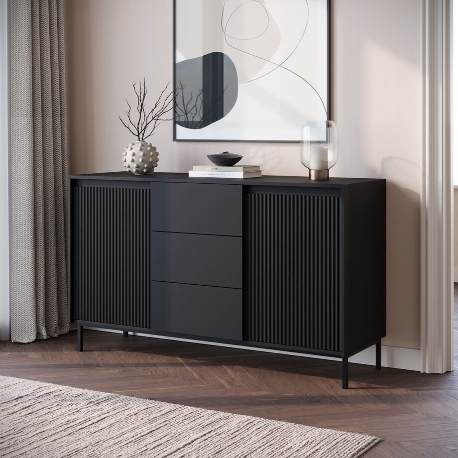 Meubella - Dressoir Orvana - Zwart - 153 cm Meubella - Dressoir Orvana - Zwart - 153 cm afbeelding 1