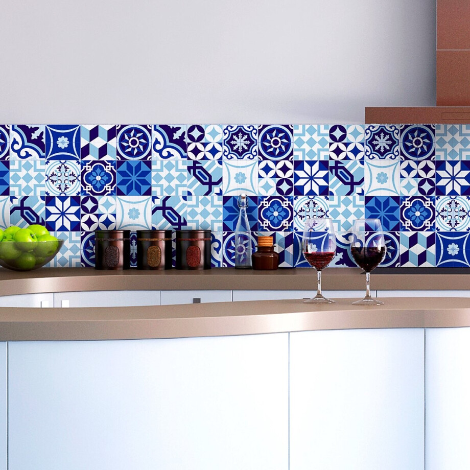 Zelfklevende tegelmuurstickers voor keuken en badkamer - 16 Azulejo tegelstickers in verschillende blauwtinten - 16 stickers van 10x10 cm afbeelding 1