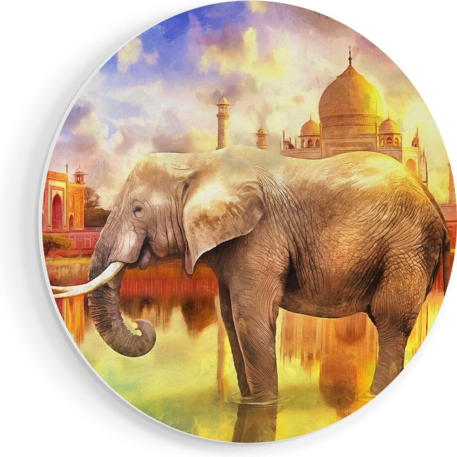 Artaza Forex Muurcirkel Getekende Olifant Bij Taj Mahal - Abstract - 70x70 cm - Wandcirkel - Rond Schilderij - Wanddecoratie Cirkel - Muurdecoratie afbeelding 1