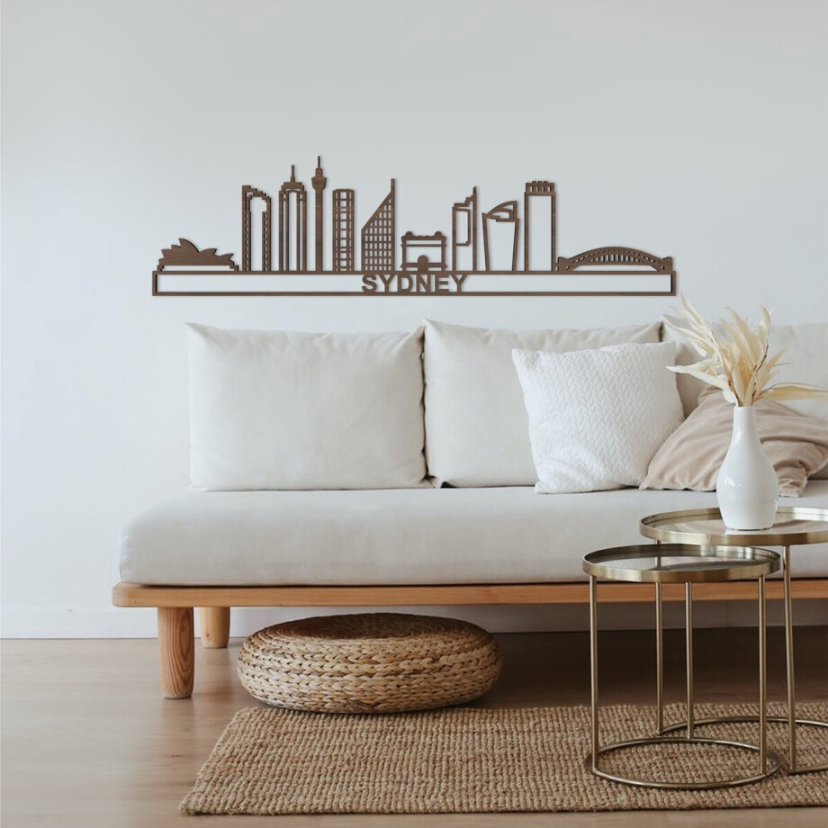 Skyline Sydney Notenhout 130 Cm Wanddecoratie Voor Aan De Muur Met Tekst City Shapes afbeelding 1