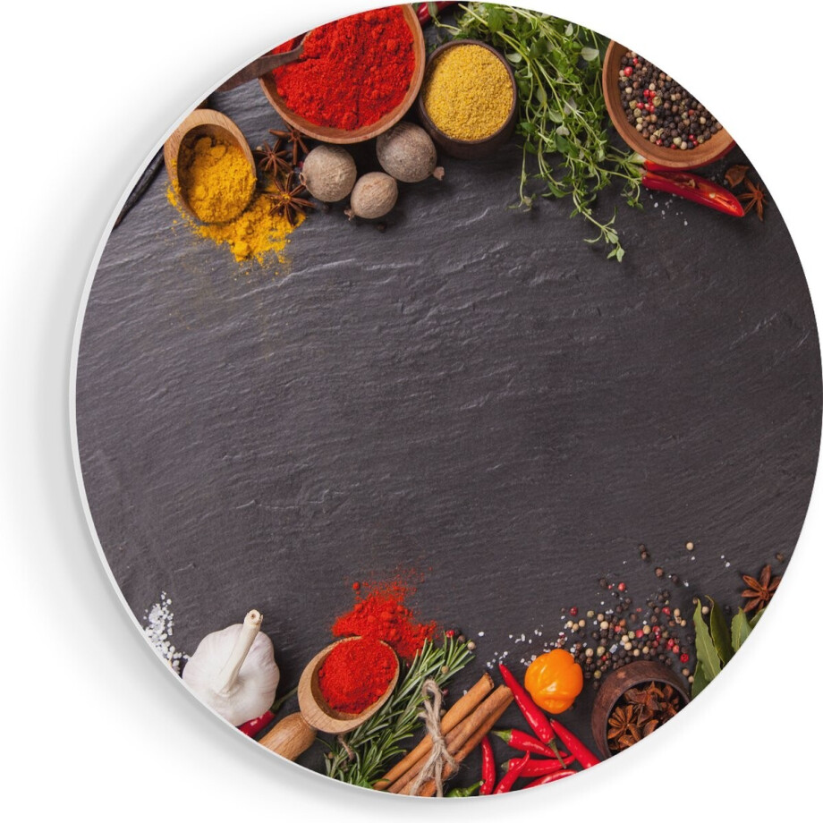 Artaza Forex Muurcirkel Verschillende Kruiden Op Een Zwarte Tafel - 90x90 cm - Groot - Wandcirkel - Rond Schilderij - Muurdecoratie Cirkel afbeelding 1