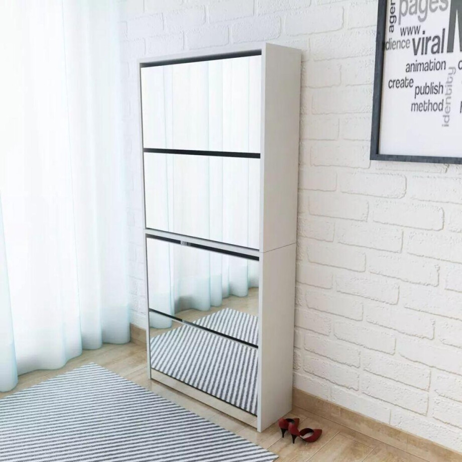vidaXL - Schoenenkast - met - 4 - spiegels - 63x17x134 - cm - wit afbeelding 1