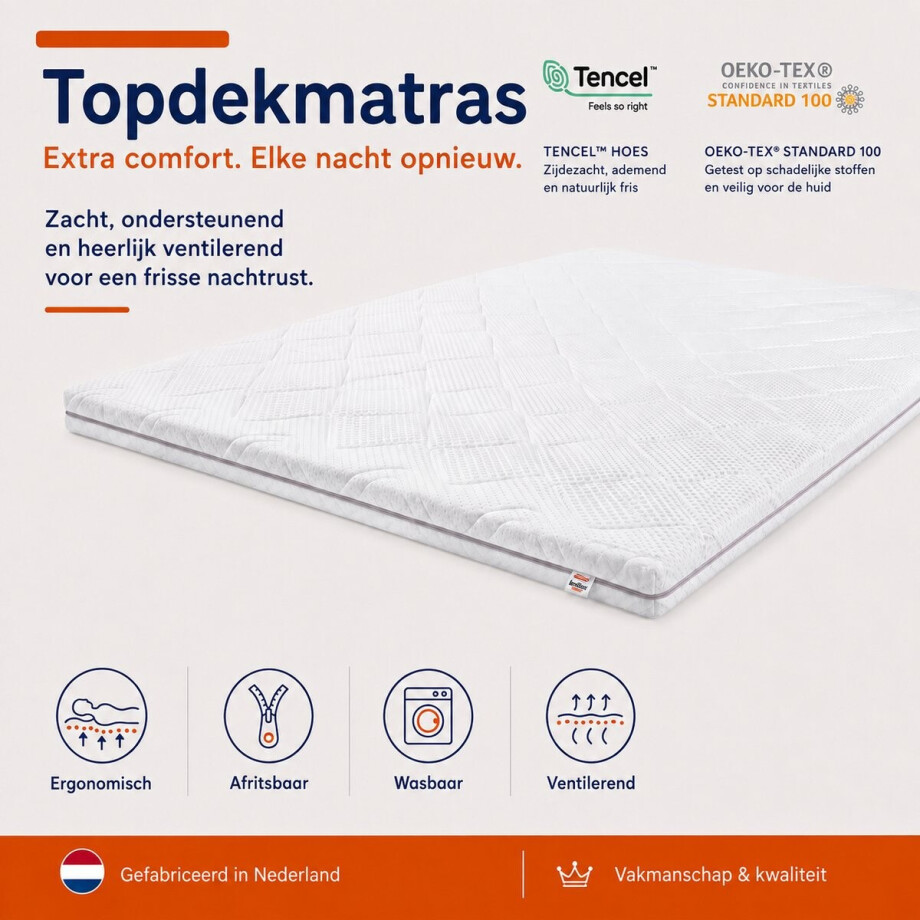 BestrestBedden - Matras Topper 90x220cm - Traagschuim - Topdekmatras - Tencel Hoes - 10cm dik - OkoeTex - Wasbare hoes - Zacht hardheid afbeelding 1