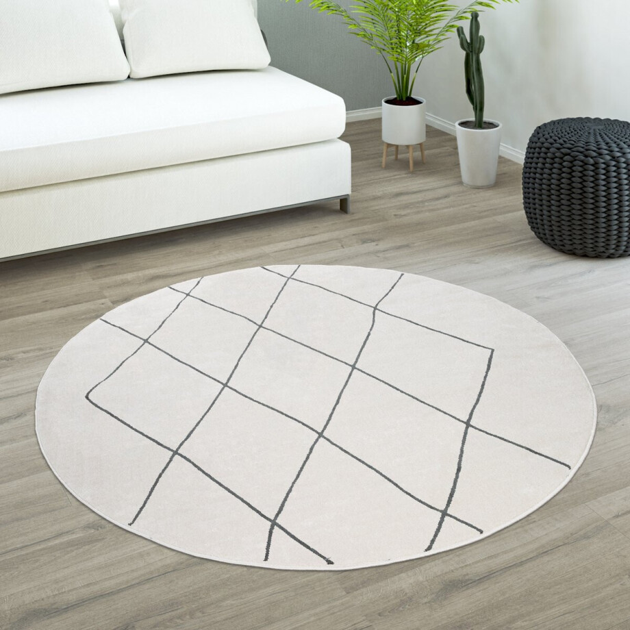 Paco Home Vloerkleed Rond Woonkamer Laagpolig Met Moderne Scandi Ruiten Patroon Licht 120 cm Rund afbeelding 1