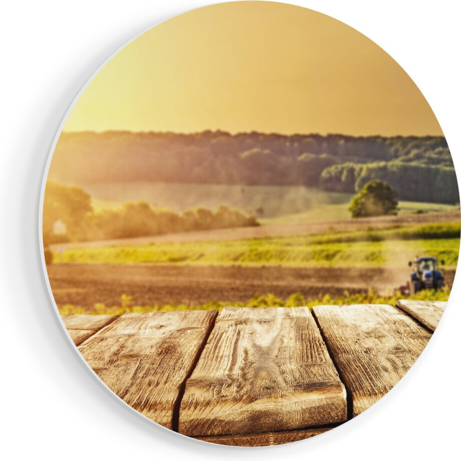 Artaza Forex Muurcirkel Tractor in het Veld met Houten Planken - 90x90 cm - Groot - Wandcirkel - Rond Schilderij - Muurdecoratie Cirkel afbeelding 1