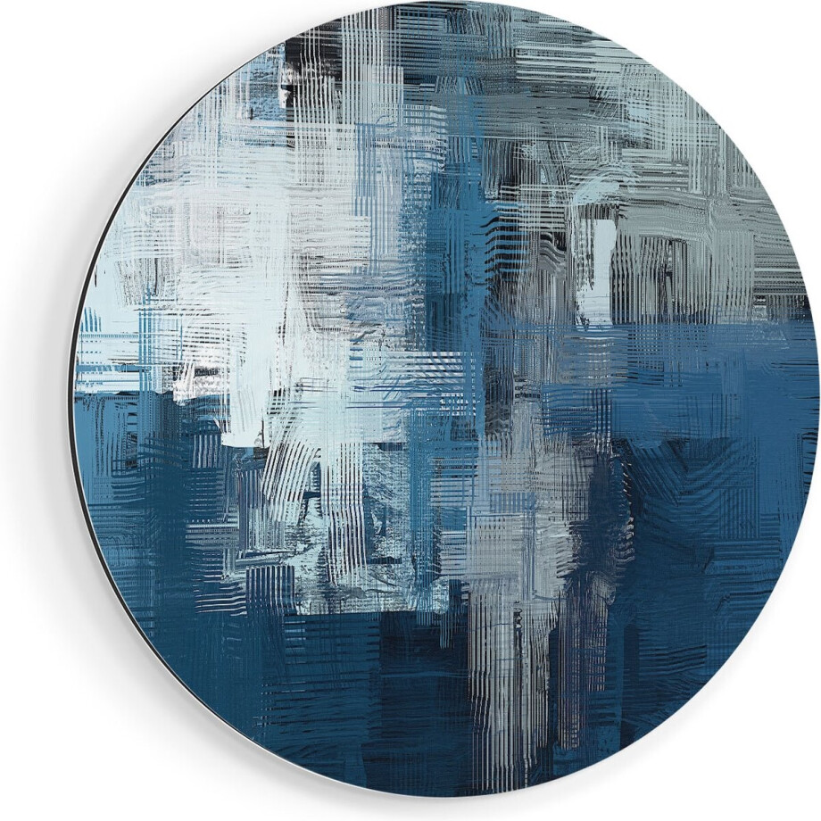 Artaza Dibond Muurcirkel Abstracte Kunst - Blauw Witte Penseelstreken - Ø 80 cm - Groot - Wandcirkel - Rond Schilderij - Voor Binnen en Buiten afbeelding 1