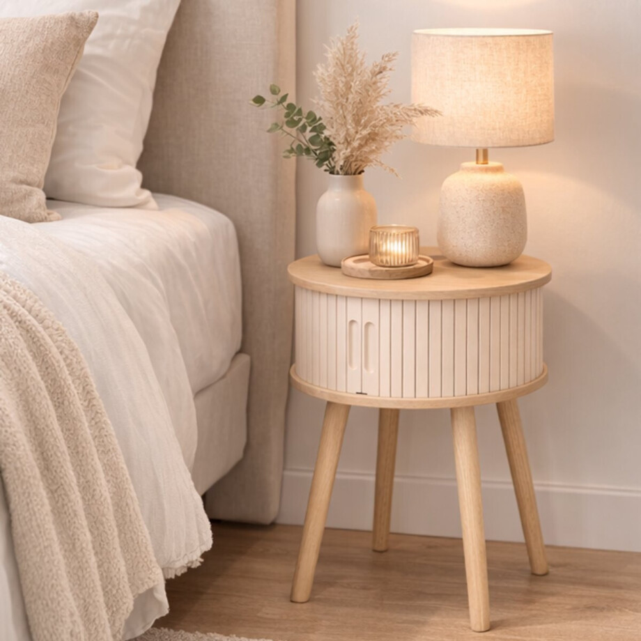 MISOU Nachtkastje - Met Lade - Rond - Modern - Hout - Slaapkamer - Bijzettafel - Neutraal - met Deuren - Beige - MDF - JULIET MISOU Nachtkastje - Met Lade - Rond - Modern - Hout - Slaapkamer - Bijzettafel - Neutraal - met Deuren - Beige - MDF - JULIET afbeelding 1