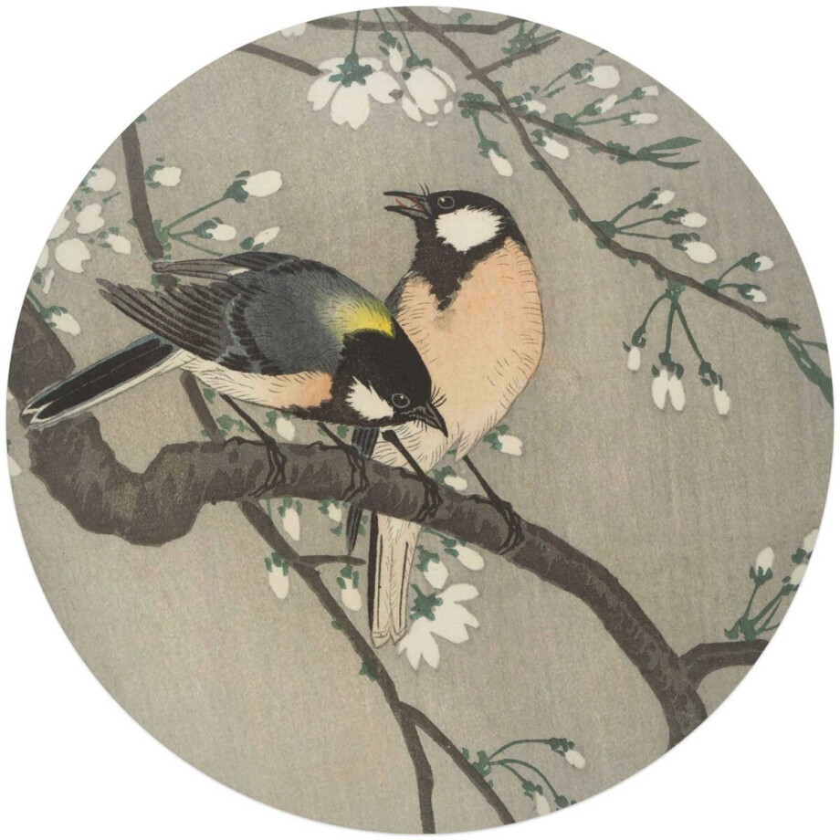 Glasschilderij Ohara Koson - Koolmezen op bloesemtak - Ø 70 - Glas - REINDERS afbeelding 1