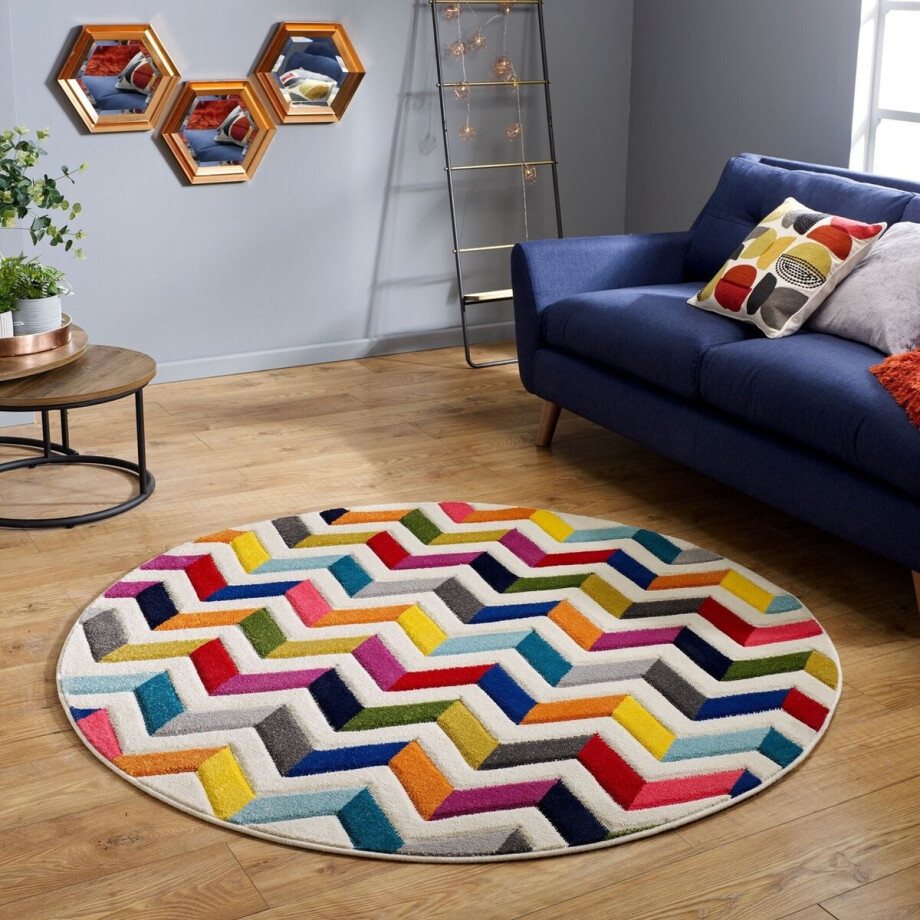Flycarpets Rond Kleurrijk Vloerkleed - Bolero - Laagpolig - Zigzag Design - Multi - 160x160 cm Flycarpets Rond Kleurrijk Vloerkleed - Bolero - Laagpolig - Zigzag Design - Multi - 160x160 cm afbeelding 1