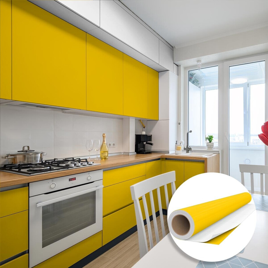 Waterdichte zelfklevende vinylfolie op rol per meter - Afwasbare sticker voor keuken, meubels, kasten, deuren - 60 cm x 50 m - Mosterdgeel Waterdichte zelfklevende vinylfolie op rol per meter - Afwasbare sticker voor keuken, meubels, kasten, deuren - 60 cm x 50 m - Mosterdgeel afbeelding 1