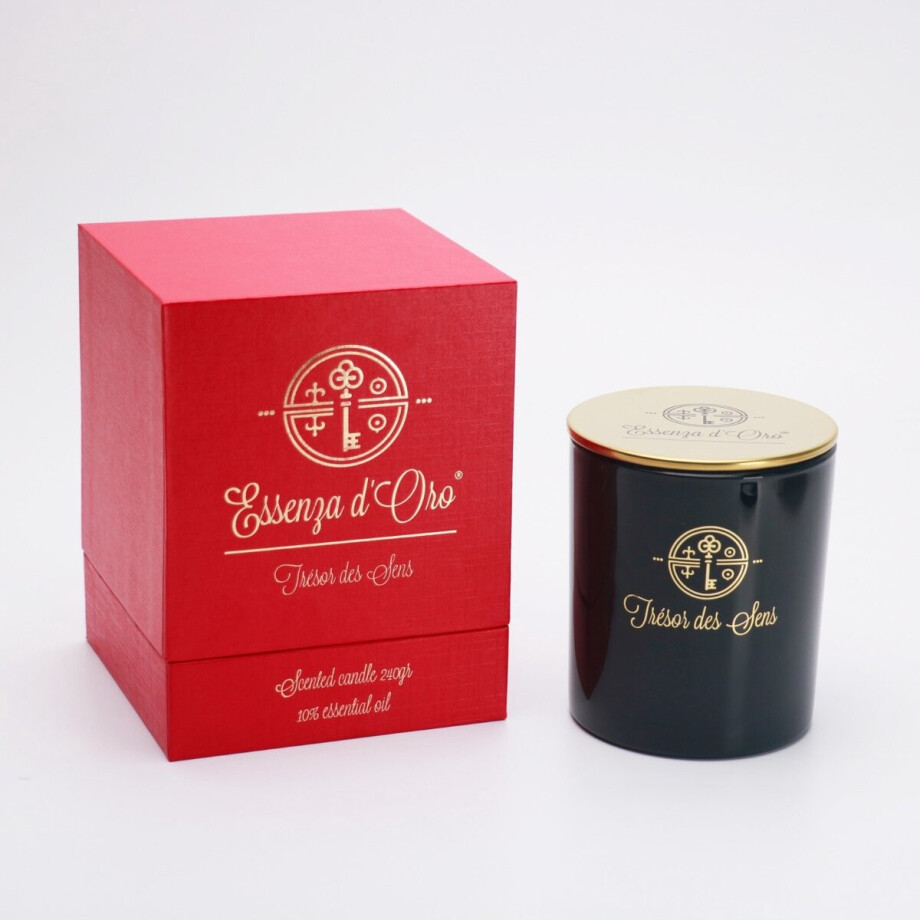 Luxe geurkaars Essenza d'Oro - Trésor des Sens - Sel & Sauge - geurkaars - zwart glas - 240 gram - 40 uur brandtijd - sojawas - bijenwas - natuurlijk - paraffine vrij - minimalistisch design afbeelding 1