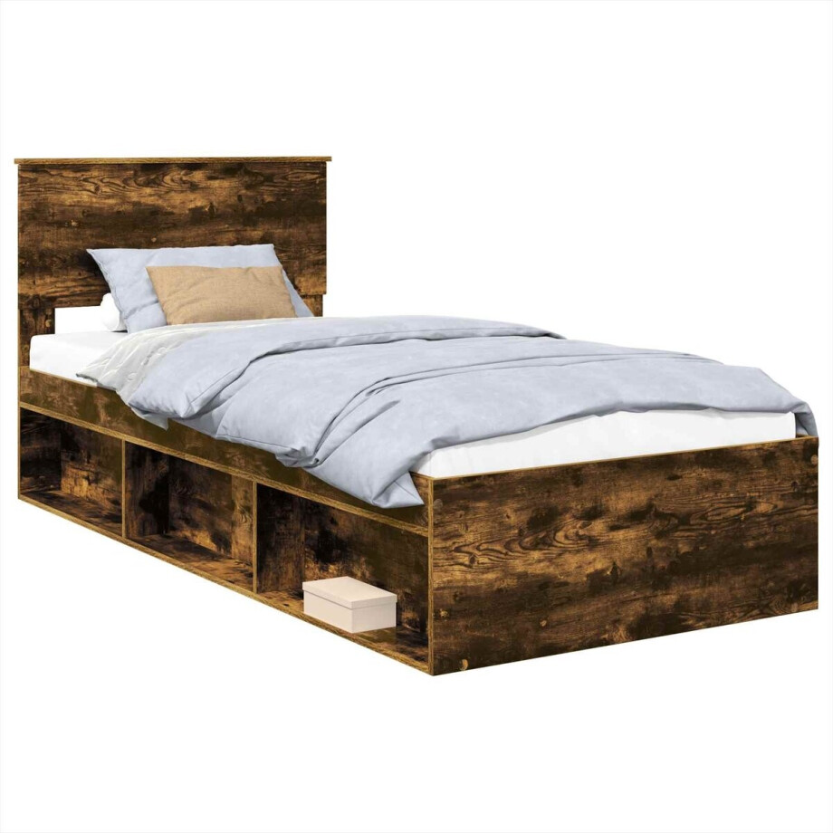 vidaXL - Bedframe - met - hoofdeinde - Rook - Eiken - 100 - x - 200 - cm - Bewerkt - hout afbeelding 1