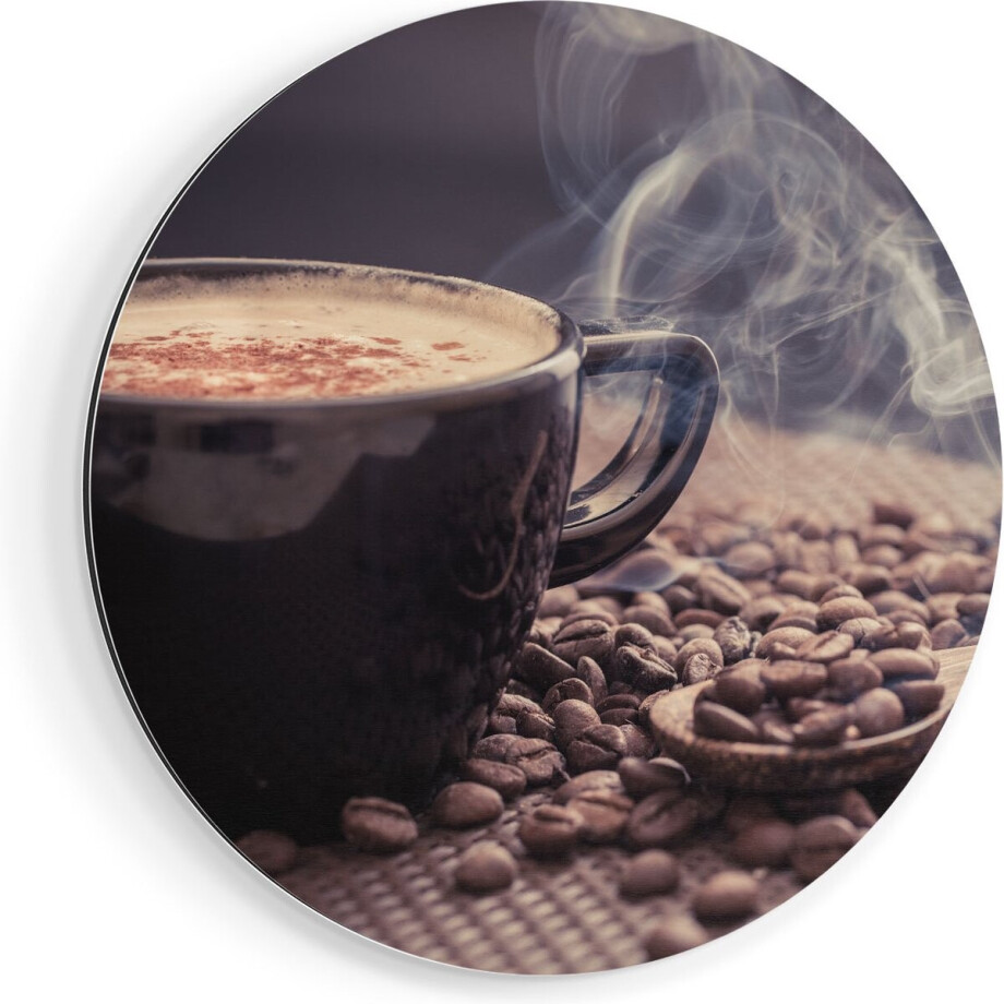 Artaza Dibond Muurcirkel Hete Koffie Kop Met Koffiebonen - Ø 90 cm - Groot - Wandcirkel - Rond Schilderij - Voor Binnen en Buiten afbeelding 1