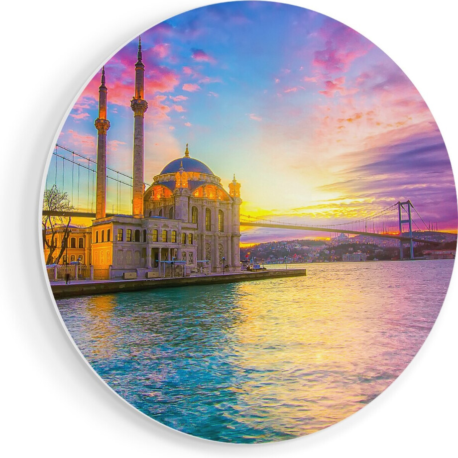 Artaza Forex Muurcirkel Kleurrijke Ortakoy Moskee In Instanbul - 40x40 cm - Klein - Wandcirkel - Rond Schilderij - Wanddecoratie Cirkel afbeelding 1