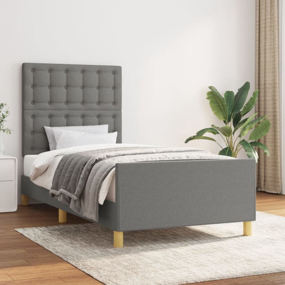 vidaXL - Bedframe - met - hoofdeinde - stof - donkergrijs - 90x200 - cm afbeelding 1