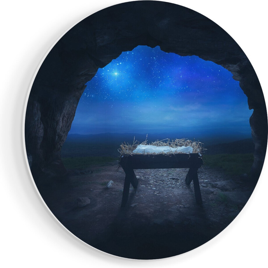 Artaza Forex Muurcirkel Kribbe in een Grot onder de Ster Van Bethlehem - 90x90 cm - Groot - Wandcirkel - Rond Schilderij - Muurdecoratie Cirkel afbeelding 1