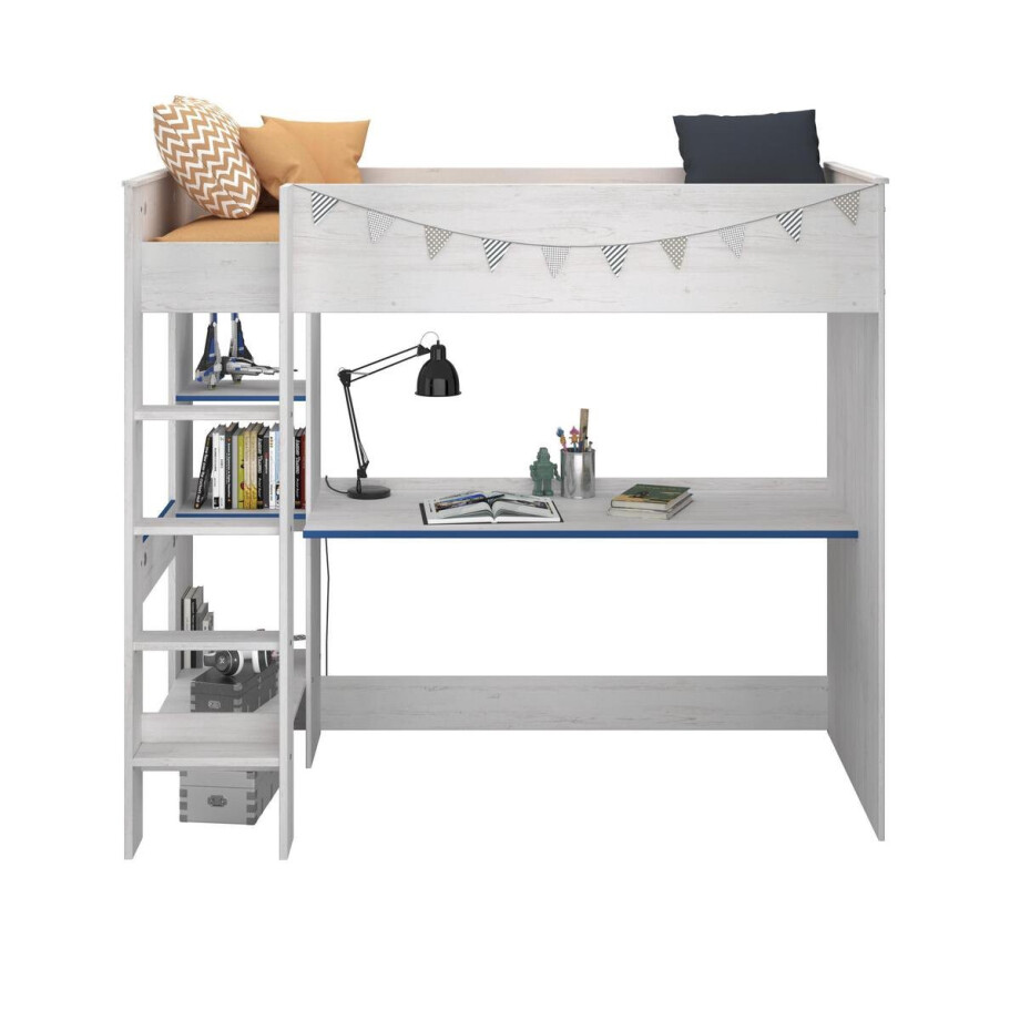 Lit Mezzanine avec Bureau effet bois blanc - 90x200 - Snoozy afbeelding 1