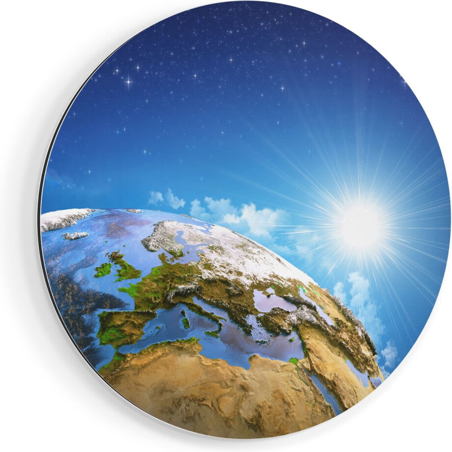 Artaza Dibond Muurcirkel Aarde Vanuit De Ruimte Op Europa - Ø 50 cm - Klein - Wandcirkel - Rond Schilderij - Voor Binnen en Buiten afbeelding 1