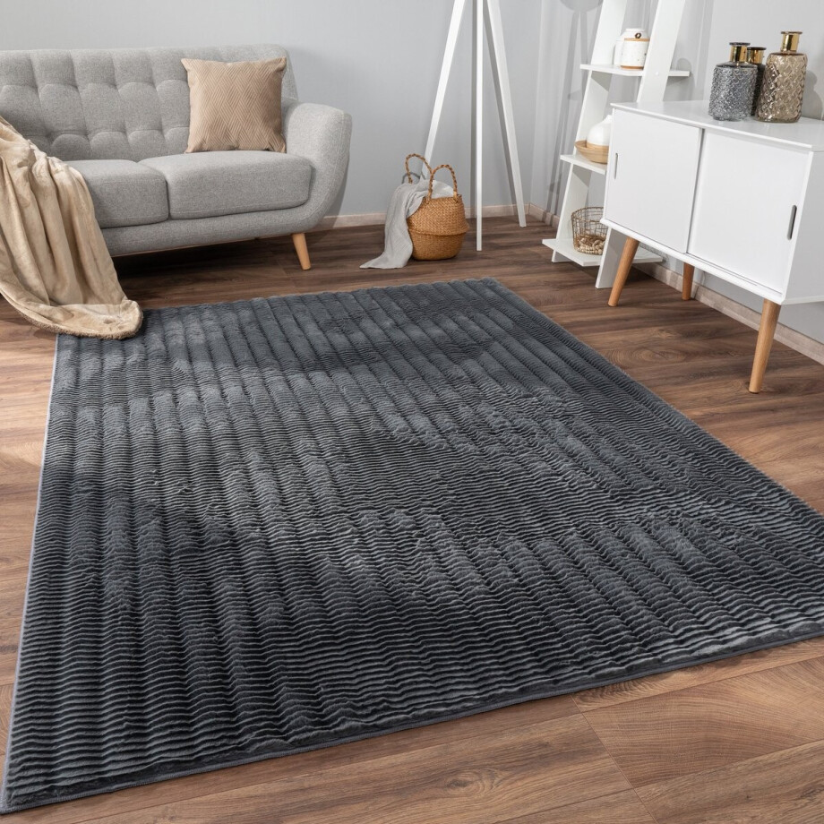 Flycarpets Zacht fluffy vloerkleed - Arinzo Stripes Antraciet - 60x100 cm - Hoogpolig Tapijt Woonkamer / Slaapkamer / Kinderkamer afbeelding 1