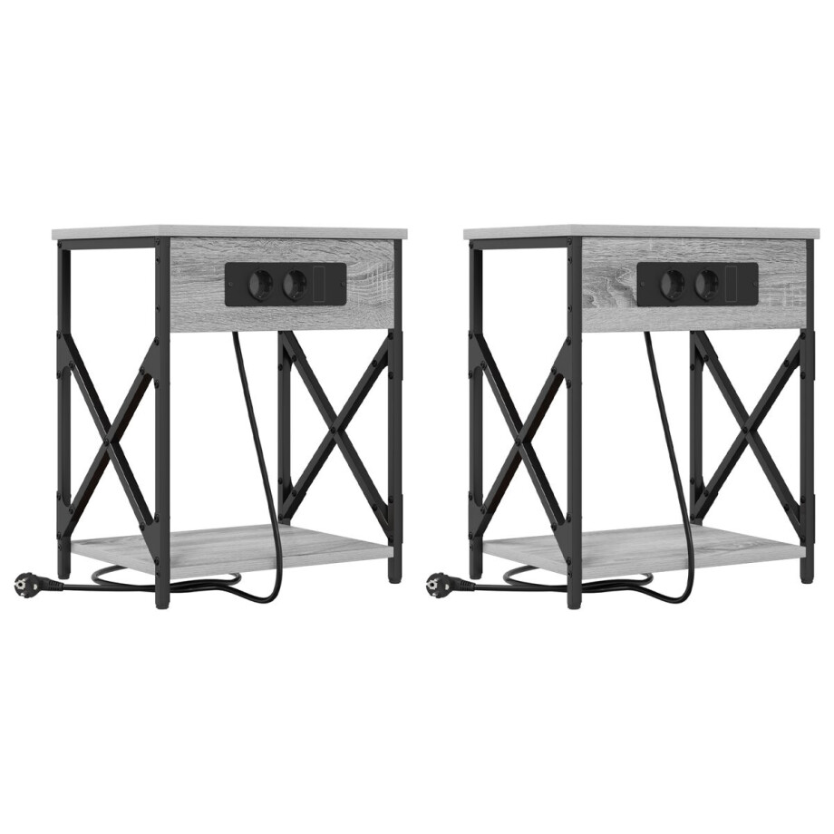 vidaXL - Nachtkastje - met - Oplaadstation - 2 - pcs - Grijs - sonoma afbeelding 1