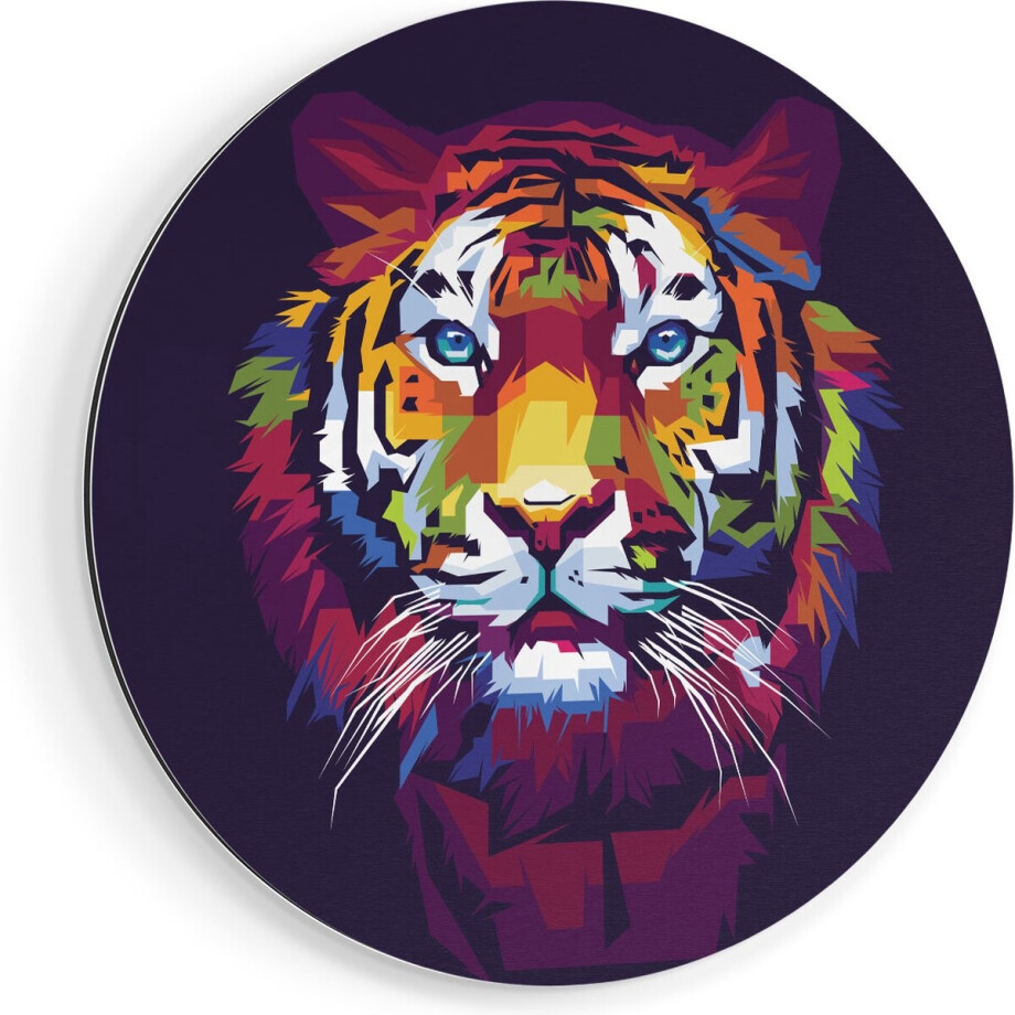 Artaza Dibond Muurcirkel Kleurrijke Tijger - Abstract - Ø 60 cm - Wandcirkel - Rond Schilderij - Voor Binnen en Buiten afbeelding 1