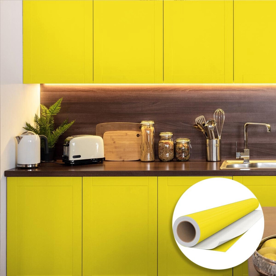Waterdichte zelfklevende vinylsticker op rol per meter - Afwasbare sticker voor keuken, meubels, kasten, deuren - 60 cm x 8 m - Kanariegeel Waterdichte zelfklevende vinylsticker op rol per meter - Afwasbare sticker voor keuken, meubels, kasten, deuren - 60 cm x 8 m - Kanariegeel afbeelding 1