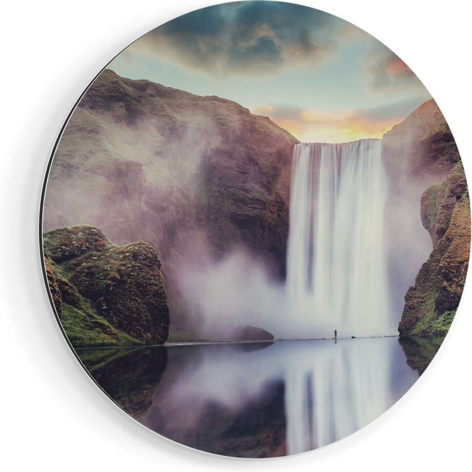 Artaza Dibond Muurcirkel Waterval Met Een Weerspiegeling In Het Water - Ø 70 cm - Wandcirkel - Rond Schilderij - Voor Binnen en Buiten afbeelding 1