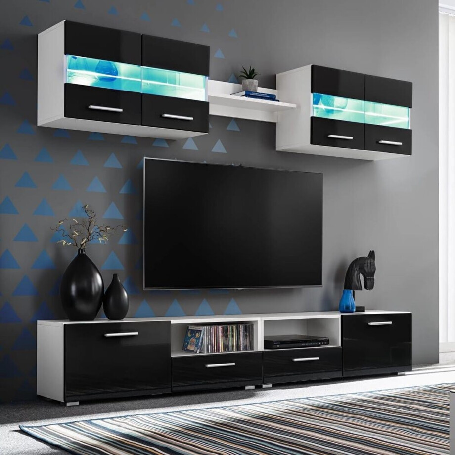 vidaXL - Tv-wandmeubelset - met - LED-verlichting - hoogglans - zwart - 5-delig afbeelding 1